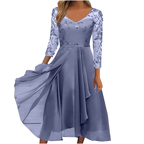 Damen Elegant Spitzenkleid Knielang 3/4 Arm Partykleid Rundhals Midikleid A-Linie Kleider Hohe Taille Abendkleid Vintage Skaterkleid Brautjungfernkleid Festliche Kleider Cocktailkleid von Generic