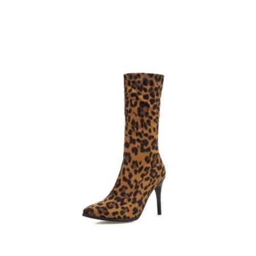 Damen Elegante Stiefel Mittelhoch Mit Spitzer Spitze Obermaterial Aus PU Leder Stiletto High Heels Slip on Seitlicher Reißverschluss Dress Boots,Leopard Print,37.5 EU von Generic