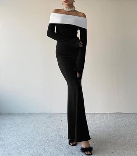 Damen Fall Off Shoulder Bodycon Maxi Kleid Langarm Elegante Rippstrick Party Flowy Lange Kleider von Generic