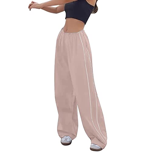 Damen Fallschirmhosen Baggy Cargohose Y2K Track Pants Teenager Mädchen Elastische Taille Weite Bein Jogginghose Oversize Lose 90er E-Girl Streetwear Parachute Pants (Rosa, L) von Generic