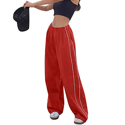 Damen Fallschirmhosen Baggy Cargohose Y2K Track Pants Teenager Mädchen Elastische Taille Weite Bein Jogginghose Oversize Lose 90er E-Girl Streetwear Parachute Pants (Rot, S) von Generic