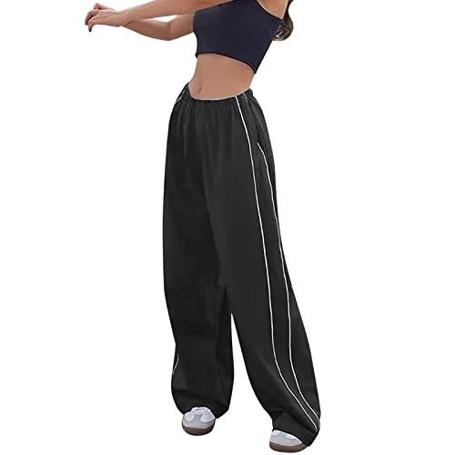 Damen Fallschirmhosen Baggy Cargohose Y2K Track Pants Teenager Mädchen Elastische Taille Weite Bein Jogginghose Oversize Lose 90er E-Girl Streetwear Parachute Pants (Schwarz, L) von Generic