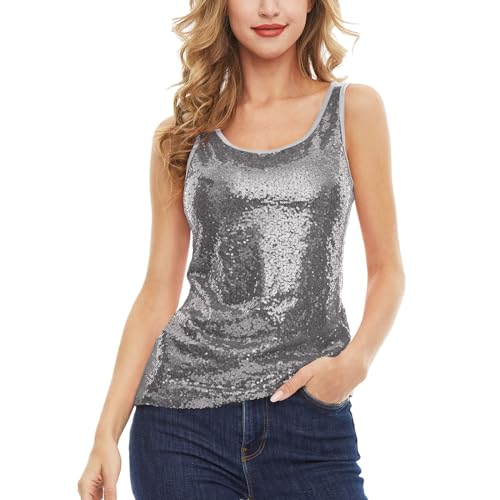 Damen Fasching Kostüm Pailletten Oberteil Sparkle Shimmer Weste Ärmellos Rundhals Glitzer Oberteile Metallic Glänzend Top Bluse Tunika Party Club Sparkle Weste Camisole Tanktop Bluse von Generic