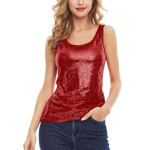 Damen Fasching Kostüm Pailletten Oberteil Sparkle Shimmer Weste Ärmellos Rundhals Glitzer Oberteile Metallic Glänzend Top Bluse Tunika Party Club Sparkle Weste Camisole Tanktop Bluse von Generic