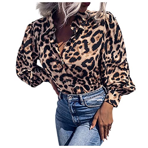 Damen Fashion Umlegekragen Leopardenmuster Langarm Hemd T-Shirt Button Down Pullover Bequeme Leichte Teenager Mädchen Herbst Winter Pulli Regular Fit Casual Baggy Oberteile Hemdbluse von Generic