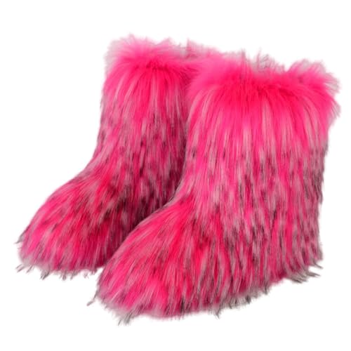 Damen Faux Fellow Boots Winter Mid-Calf Schneestiefel Fuzzy Fluffy Furry Fashion Kurze Schneestiefel Wildleder Flache Stiefeletten Damen Schlupfstiefel Bequeme Winterstiefel Mehrere Farben, hot pink, von Generic