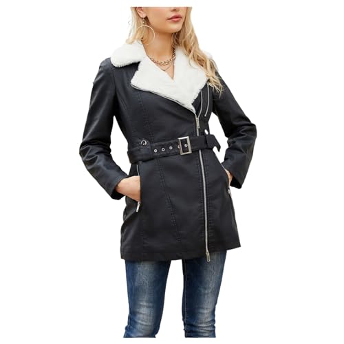 Damen Faux Leder Jacke Warmer Parka Outwear Doppelzip Fleece Jacke Mantel mit Gürtel von Generic