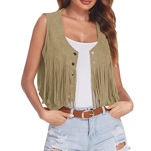 Damen Faux Wildleder Cowboy Ärmellos Weste Cardigan Jacke mit Fransen Weich Cowgirl Weste Kurze Fransenjacken mit Fransen Damen Retro Hippie-Kostüme 70er Fransenweste Auffällig von Generic