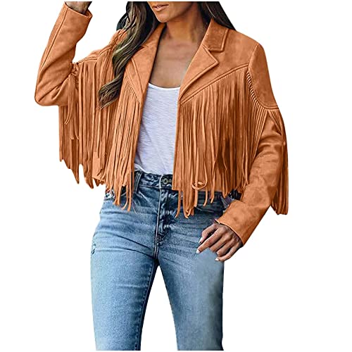 Damen Faux Wildleder Lederjacke mit Fransen Crop Quasten Strickjacke Mantel Lässiges Übergangsjacke Langarm Herbstjacke Kurze Fransenjacke Motorradjacke Bikerjacke Angebote Des Tages Heute Damen von Generic