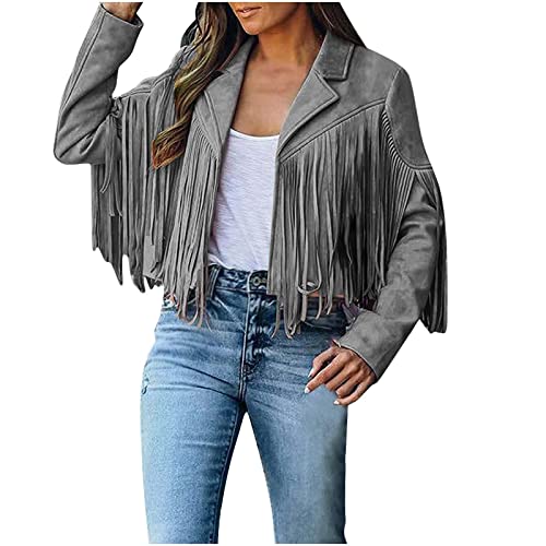 Damen Faux Wildleder Lederjacke mit Fransen Crop Quasten Strickjacke Mantel Lässiges Übergangsjacke Langarm Herbstjacke Kurze Fransenjacke Motorradjacke Bikerjacke Oberbekleidung Discounter von Generic