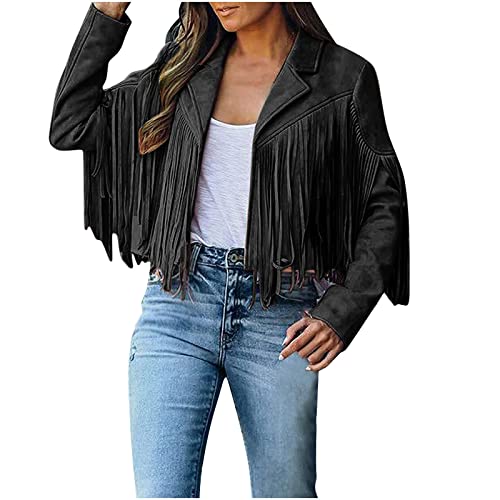 Damen Faux Wildleder Lederjacke mit Quasten Crop Fransen Strickjacke Mantel Freizeit Langarm Übergangsjacke Kurze Fransenjacke Motorradjacke Bikerjacke Outdoor Jacke Fransenmantel Sale Angebote Damen von Generic