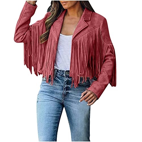 Damen Faux Wildleder Lederjacke mit Quasten Crop Fransen Strickjacke Mantel Freizeit Langarm Übergangsjacke Kurze Fransenjacke Motorradjacke Bikerjacke Outdoor Jacke Fransenmantel Sale Angebote von Generic