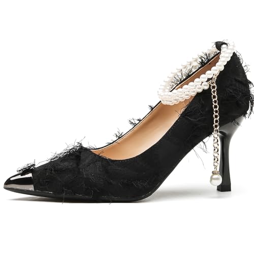 Damen Feen-Feder-Spitzenpumps mit Perlenketten-Knöchelband & Diamantschmetterling 5cm/7.5cm Stiletto Baumwollstoff rutschfeste Sohle Größen 34-44,Black(Heel:7.5cm),39 EU von Generic