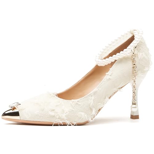 Damen Feen-Feder-Spitzenpumps mit Perlenketten-Knöchelband & Diamantschmetterling 5cm/7.5cm Stiletto Baumwollstoff rutschfeste Sohle Größen 34-44,White(Heel:7.5cm),34 EU von Generic