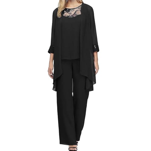 Damen Festlich Anzug Set Chiffon Tank Top + Langarm Cardigen + Lange Hose Weites Bein Anzughose Brautmutter Hosenanzüge für Hochzeit Casual von Generic