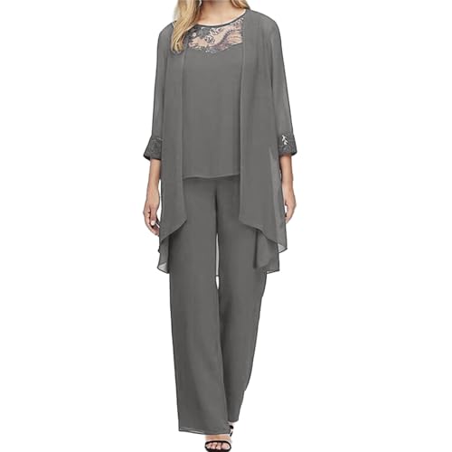 Damen Festlich Anzug Set Chiffon Tank Top + Langarm Cardigen + Lange Hose Weites Bein Chiffon Anzughose Brautmutter Hosenanzüge für Hochzeit von Generic