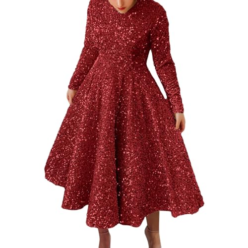 Damen Figurbetontes Lange Ärmel Partykleid Moden Hohe Taille Wickelkleider Glänzende Tube Club Cocktail Party Pencil Kleider Soft Swing Saum Bodycon Kleid (Red, XXL) von Generic