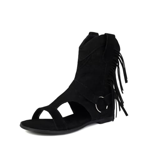 Damen Flache Absatz Kurze Stiefel Mit Schleife Offene Zehen Wildlederimitat Sommer Stiefeletten Reißverschluss Hinten Kleid Sandalen,Schwarz,36 EU von Generic