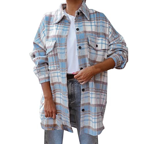 Damen Flanell Plaid Leichte dünne Jacke Hemden Raglan Langarm Button Down Brusttasche Hemden Mäntel Shacket Blusen Damen Flieder (Sky Blue, XXL) von Generic