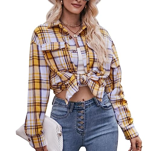 Damen Flanellhemden Plaids Shacket Oversized Button Down Blusen Tops Casual Langarm Herbst Tops Jacken Tuniken Button Down Shirt, gelb, X-Large von Generic