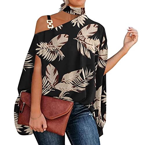 Damen Fledermaus Bluse Langarmshirt Schulterfrei Frauen Neckholder Oberteil Locker Sommer Lange Hemd Casual Drucken Tshirt Sommer Elegant Longbluse von Generic