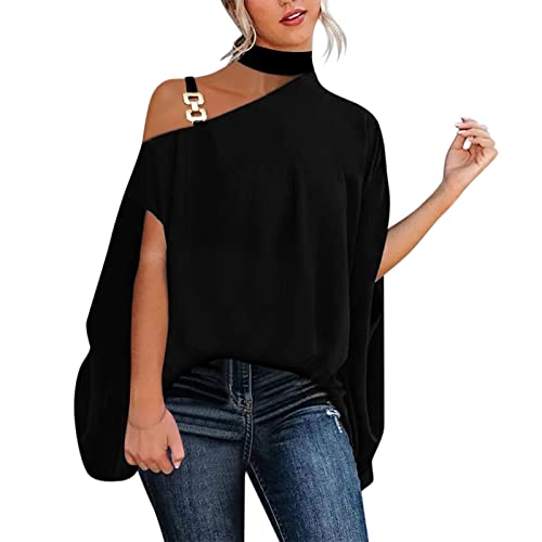 Damen Fledermaus Bluse Langarmshirt Schulterfrei Frauen Neckholder Oberteil Locker Sommer Lange Hemd Casual Einfarbig Tshirt Sommer Elegant Longbluse von Generic