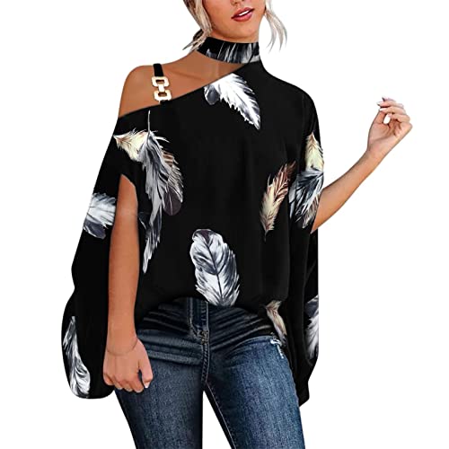 Damen Fledermaus Bluse Langarmshirt Schulterfrei mit Aufdruck Frauen Neckholder Oberteil Locker Sommer Lange Hemd Casual Drucken Tshirt von Generic