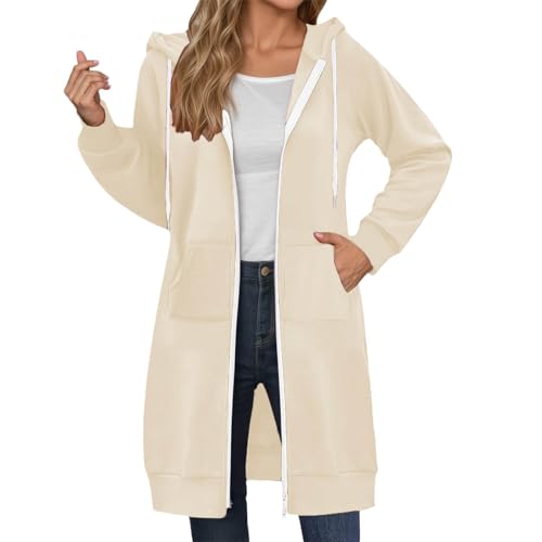 Damen Fleece Kapuzenjacke Lang Einfarbiger Größe S-5XL Classics Dünne Fleece Hoodie mit Reißverschluss Basic Casual Sweatjacke Streetwear Kapuzenpullover mit Taschen (Beige, XL) von Generic