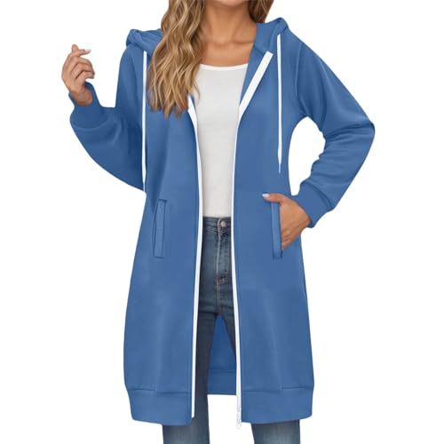 Damen Fleece Kapuzenjacke Lang Einfarbiger Größe S-5XL Classics Dünne Fleece Hoodie mit Reißverschluss Basic Casual Sweatjacke Streetwear Kapuzenpullover mit Taschen (Blau, L) von Generic
