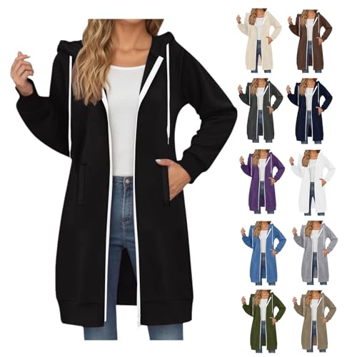Damen Fleece Kapuzenjacke Lang Einfarbiger Größe S-5XL Classics Dünne Fleece Hoodie mit Reißverschluss Basic Casual Sweatjacke Streetwear Kapuzenpullover mit Taschen (Schwarz, L) von Generic