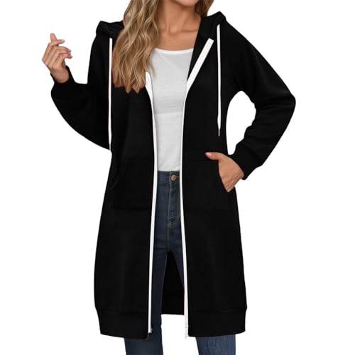 Damen Fleece Kapuzenjacke Lang Einfarbiger Größe S-5XL Classics Dünne Fleece Hoodie mit Reißverschluss Basic Casual Sweatjacke Streetwear Kapuzenpullover mit Taschen (Schwarz, L) von Generic
