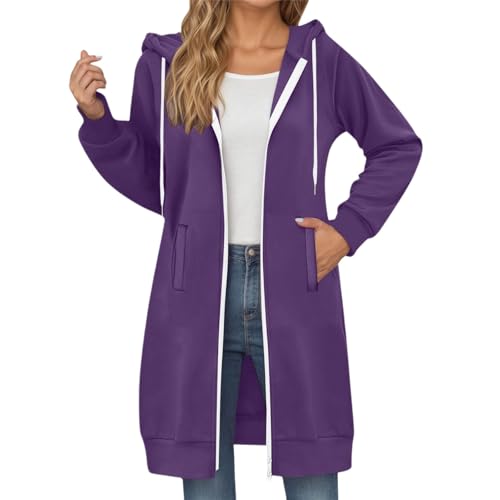 Damen Fleece Kapuzenjacke Lang Einfarbiger Größe S-5XL Classics Dünne Fleece Hoodie mit Reißverschluss Basic Casual Sweatjacke Streetwear Kapuzenpullover mit Taschen (Violett, XL) von Generic