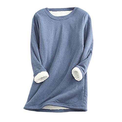 Damen Fleece Pullover Winter Warme Unterhemd Sweatshirt Plus Dicker Samt Langarmshirt Lamm Kaschmir Pulli Langarm Shirts Oversize Oberteil Teddy Fleece Rundhals Sweatshirt (Blau, XL) von Generic
