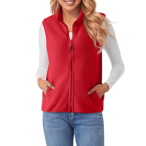 Damen Fleece Weste Ärmellos Standkragen Fleecejacken Gefüttert Warme Winterjacke Fleeceweste mit Taschen Weiche Fleece Laufweste Outdoor Westen Jacke Trekking Wander Sports Damenwesten (Rot, XXXXXL) von Generic