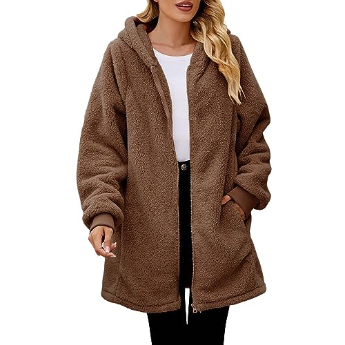 Damen Fleecejacke Teddyplüsch Jacke Lang Plüschjacke Wintermantel Herbst Winter Langarm Tops Oberteile Reißverschluss Winterjacke mit Taschen Mode Lose Parka Coat Outwear von Generic