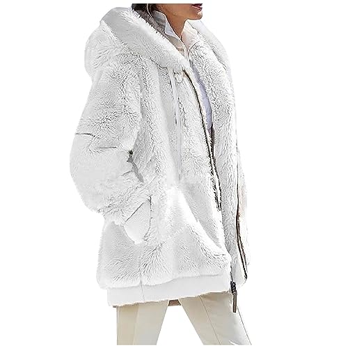 Damen Fleecepullover, Dicke Gefüttertfleece Jackejacke Flauschig Plüschjacke Herbstjacke mit Kapuze und Taschen Reißverschluss Kuscheljacke Winterjacke Kuschel Jacke (Weiß,M) von Generic