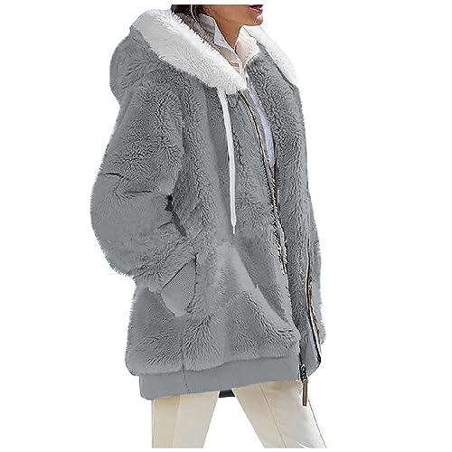 Damen Fleecepullover, Dicke Gefüttertfleece Jackejacke Flauschig Plüschjacke Herbstjacke mit Kapuze und Taschen Reißverschluss Kuscheljacke Winterjacke Kuschel Jacke (grau,M) von Generic