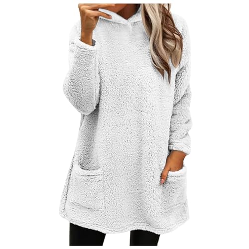 Damen Fleecepullover Langarm Hoodie Pullover Warme Teddy Sweatshirt Flauschig Fleecepulli Kapuzenpullover Einfarbig Plüschpullover mit Taschen Elegant Oberteile Tops Sport Longshirt Weiß S von Generic