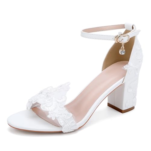 Damen Formell Satin Knöchelriemen Hochzeitsschuhe Block Talons Hauts Sandalen Spitze Blumen Pumpe Offene Zehe Abend Party Brautschuhe,Weiß,39 EU Damen Formell Satin Knöchelriemen Hochzeitsschuhe Block Talons Hauts Sandalen Spitze Blumen Pumpe Offene Zehe Abend Party Brautschuhe,Weiß,39 EU von FQMAYPO