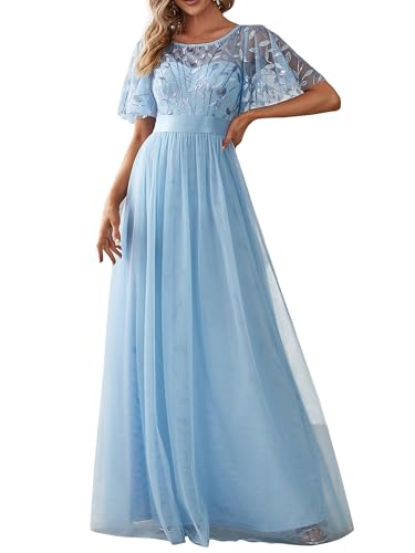 Damen Formelle Kleider Rundhalsausschnitt Pailletten Rüschenärmel Empire Taille Perlen Lange Abendkleider (Himmelblau,L) von Generic