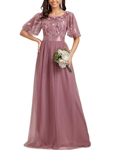Damen Formelle Kleider Rundhalsausschnitt Pailletten Rüschenärmel Empire Taille Perlen Lange Abendkleider (Orchidee,L) von Generic