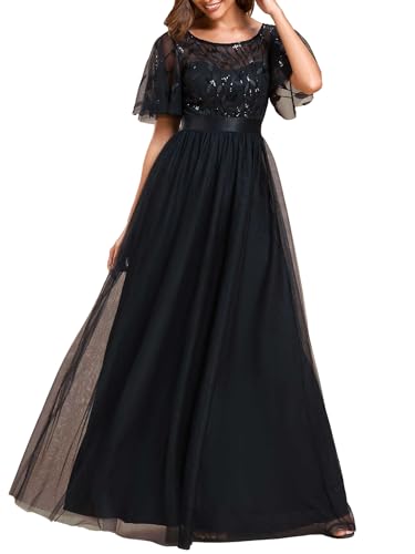 Damen Formelle Kleider Rundhalsausschnitt Pailletten Rüschenärmel Empire Taille Perlen Lange Abendkleider (Schwarz,L) von Generic
