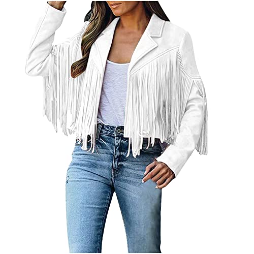 Damen Fransen Quaste Jacke Langarm FauxWildleder Lederjacke mit Fransen Strickjacke Mantel Freizeit Übergangsjacke Herbstjacke Kurze Fransenjacke Motorradjacke Bikerjacke Kurz Jacken (Z2-White, L) von Generic