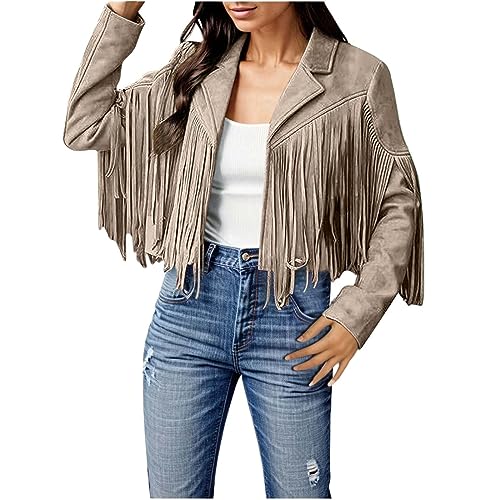 Damen Fransen Quaste Jacke Langarm FauxWildleder Lederjacke mit Fransen Strickjacke Mantel Freizeit Übergangsjacke Herbstjacke Kurze Fransenjacke Motorradjacke Bikerjacke Kurz Jacket (Khaki, S) von Generic