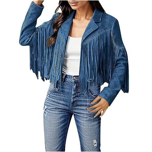 Damen Fransen Quaste Jacke Langarm FauxWildleder Lederjacke mit Fransen Strickjacke Mantel Freizeit Übergangsjacke autumnjacke Kurze Fransenjacke Motorradjacke Bikerjacke Kurz (Z1-Dark Blue, XL) von Generic