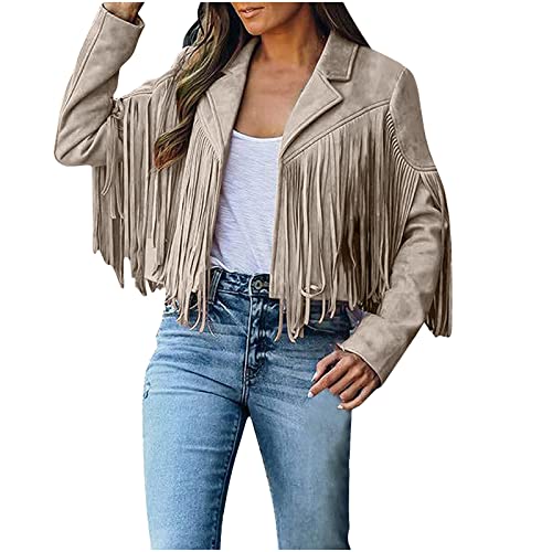 Damen Fransen Quaste Jacke Langarm FauxWildleder Lederjacke mit Fransen Strickjacke Mantel Freizeit Übergangsjacke autumnjacke Kurze Fransenjacke Motorradjacke Bikerjacke Kurz Jacken (Z2-Beige, S) von Generic