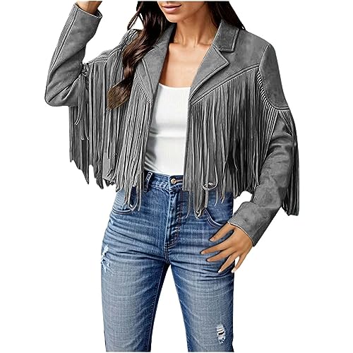 Damen Fransen Quaste Jacke Langarm FauxWildleder Lederjacke mit Fransen Strickjacke Mantel Freizeit Übergangsjacke autumnjacke Kurze Fransenjacke Motorradjacke Bikerjacke Kurz Jacket Outwear (Grey, L) von Generic
