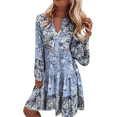 Damen Freizeit Kleid Blumen Maxikleid Boho Strandkleider Tunika Kleid Sommerkleid Vintage Ethnic Style Printed Quaste Tie Neck Loose Fit Bohemian Tunikakleid Strandkleider Große (Light Blue, XXL) von Generic