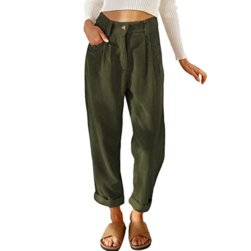 Damen Freizeithose Lang Cordhose Hoher Taille Herbst Winter Gerade Beinhose mit Taschen (Armeegrün, S) von Generic