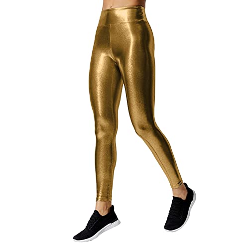 Damen Freizeithose Metallisch Glänzende Jogginghose Hosen Hohe Taillen Lose Sport Leggings Mode Glitzer Hose Elegant Freizeit Elastischer Sweathose Bund Lang Partys Club Kleidung (A-Gold, L) von Generic